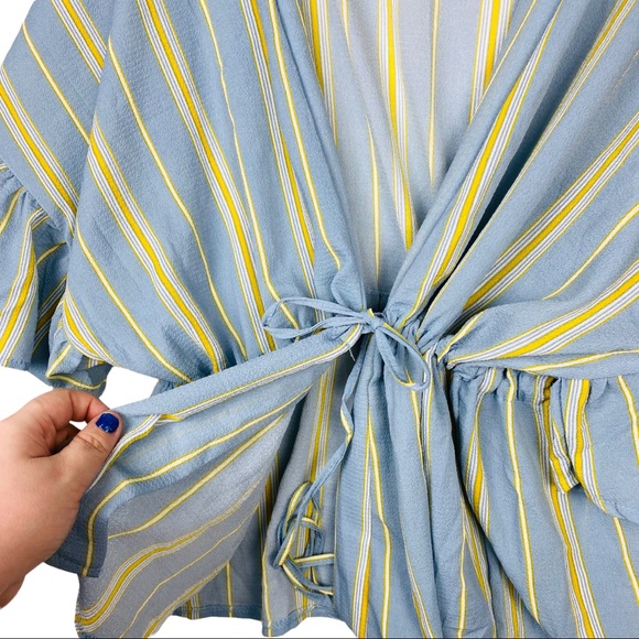 Boho V Neck Striped Flutter Short Sleeve Surplice Wrap Flowy Top Blue Yellow - Picture 6 of 7